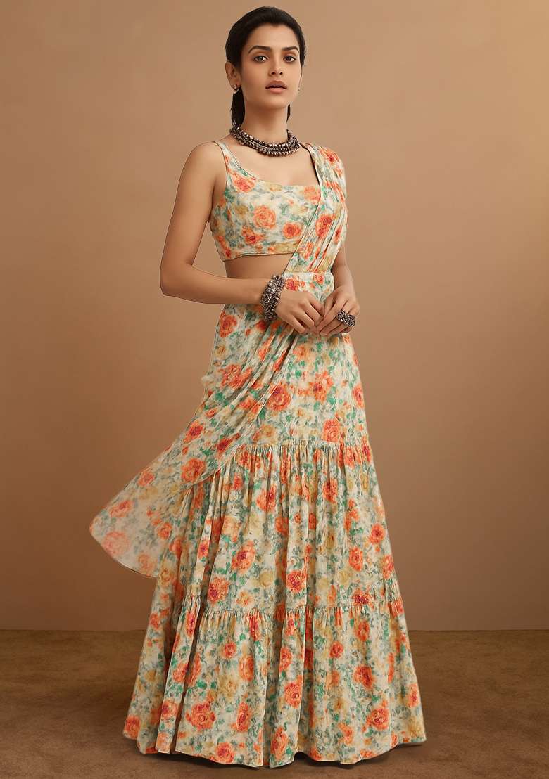 Cream Printed Embroidered Georgette Pre Draped Saree Set - Indya