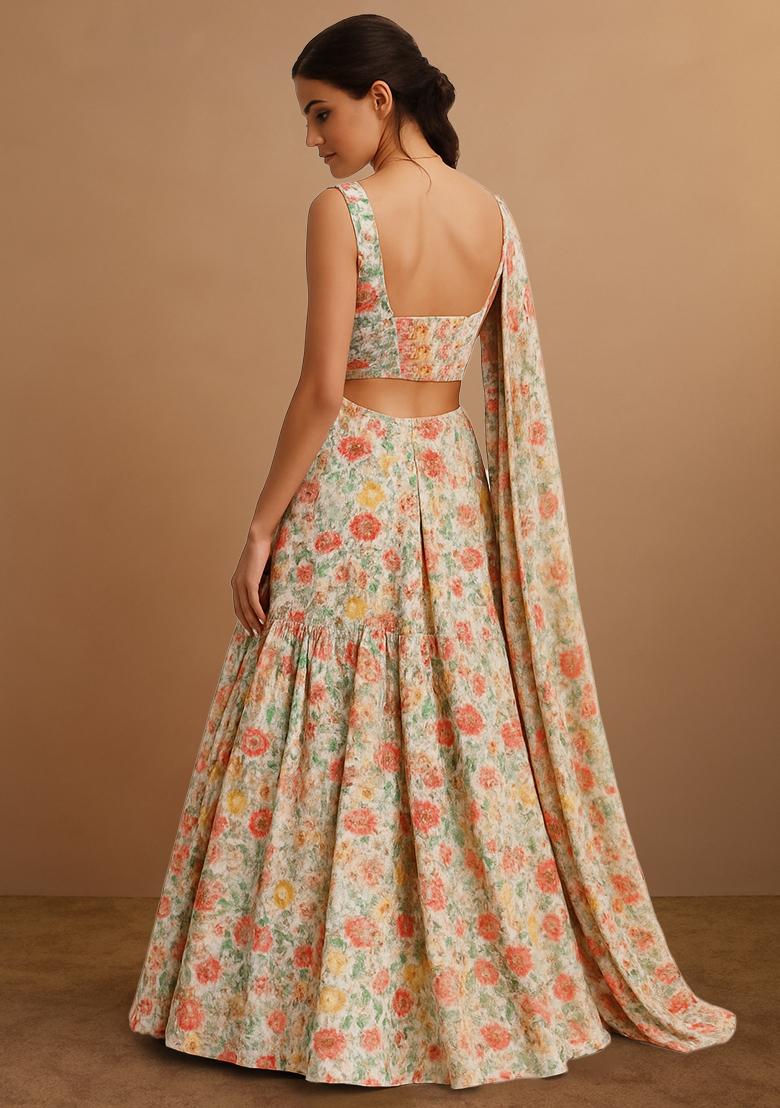 Cream Printed Embroidered Georgette Pre Draped Saree Set - Indya