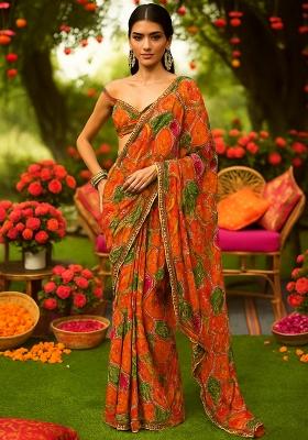 Orange Sequin Embroidered Crepe Pre Draped Saree Set