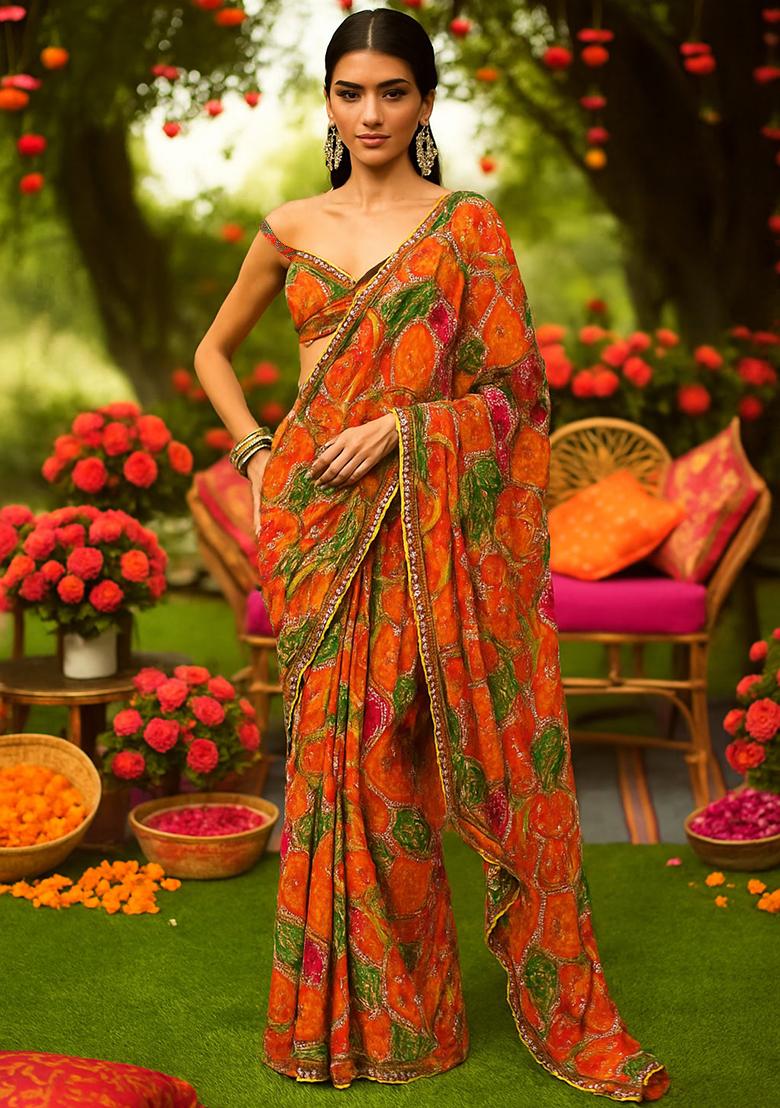 Orange Sequin Embroidered Crepe Pre Draped Saree Set