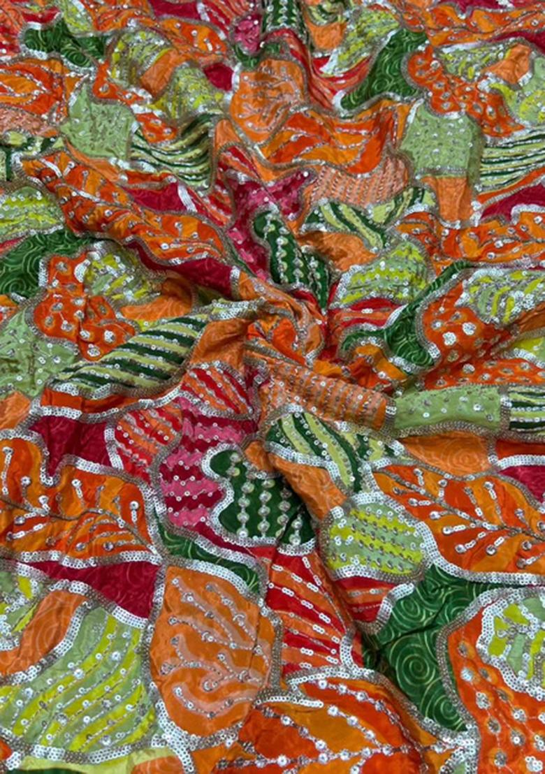 Orange Sequin Embroidered Crepe Pre Draped Saree Set