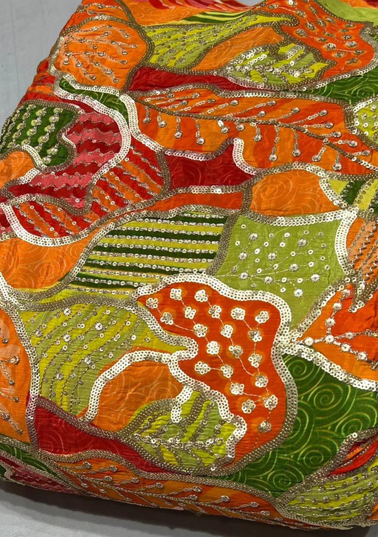 Orange Sequin Embroidered Crepe Pre Draped Saree Set