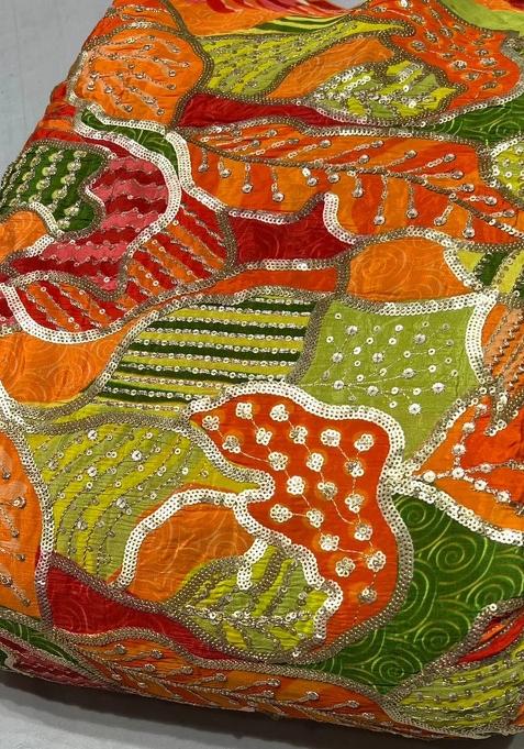 Orange Sequin Embroidered Crepe Pre Draped Saree Set