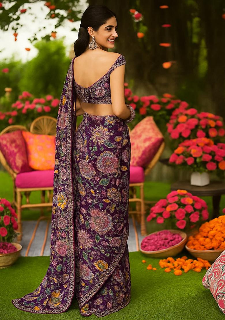 Purple Embellished Crepe Pre Draped Saree Set - Indya