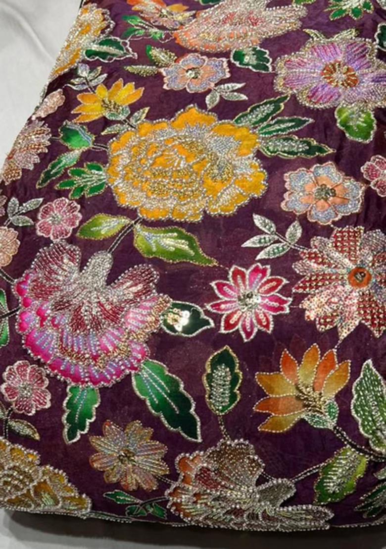 Purple Embellished Crepe Pre Draped Saree Set - Indya