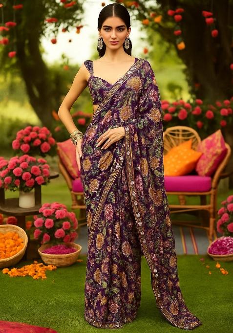 Purple Embellished Crepe Pre Draped Saree Set