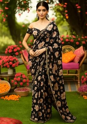 Black Embroidered Crepe Pre Draped Saree Set