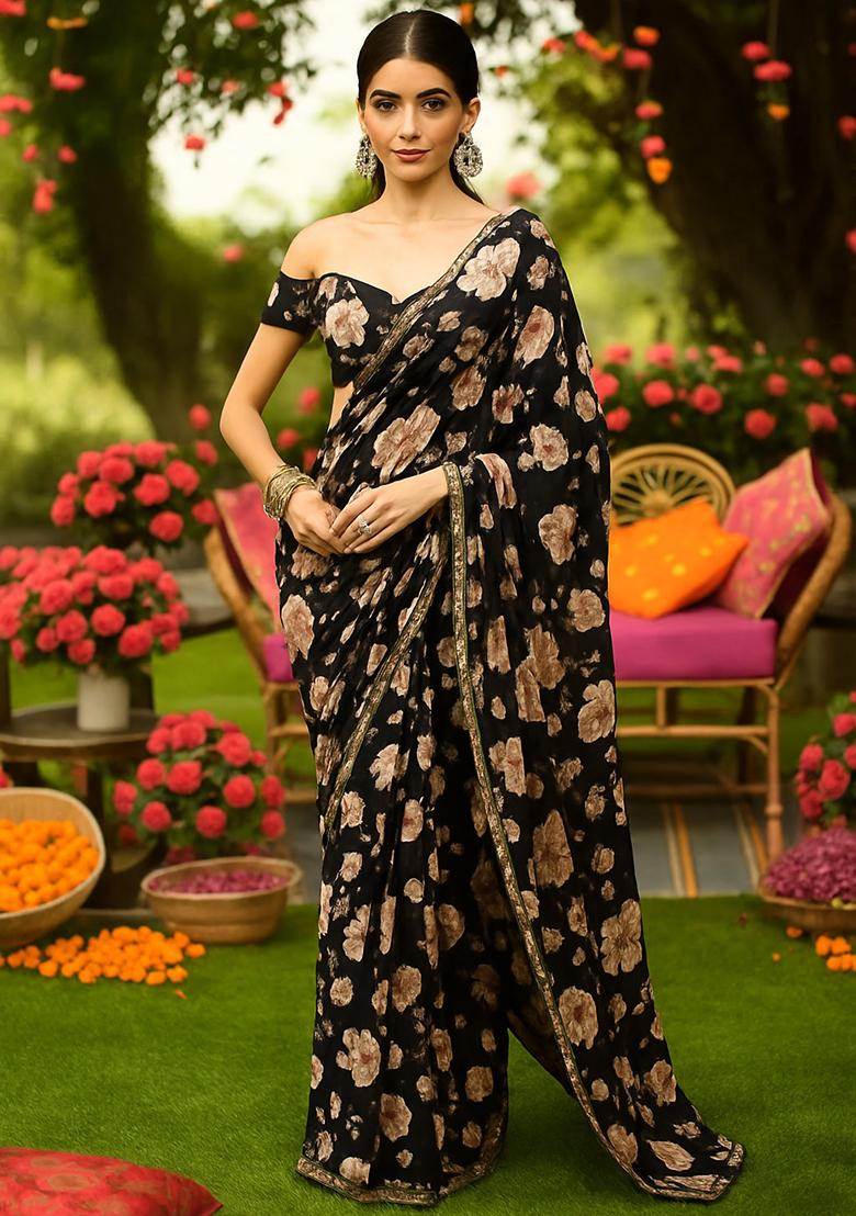 Black Embroidered Crepe Pre Draped Saree Set
