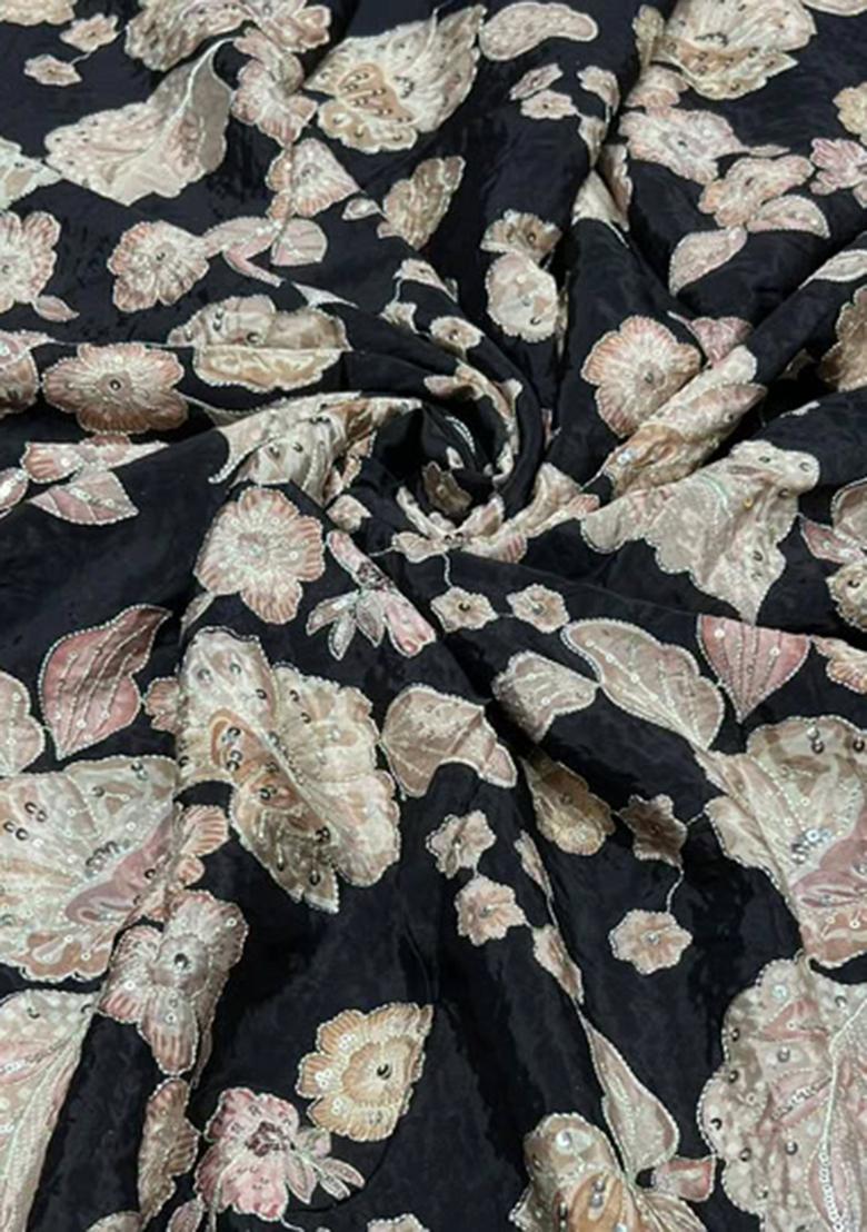 Black Embroidered Crepe Pre Draped Saree Set