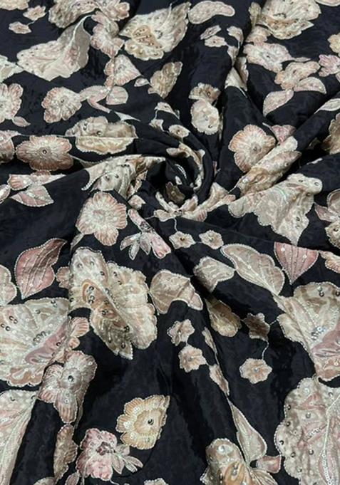 Black Embroidered Crepe Pre Draped Saree Set