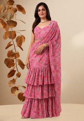 Pink Chinon Floral Printed Pre Draped Saree Set