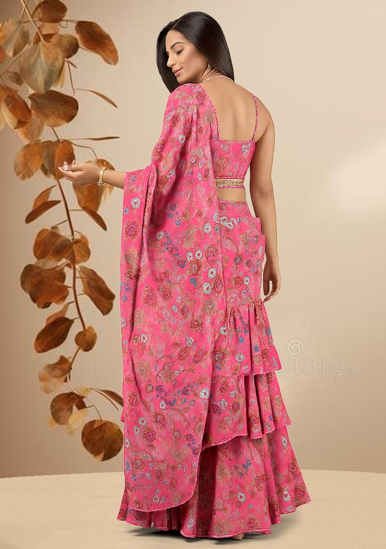 Pink Chinon Floral Printed Pre Draped Saree Set - Indya