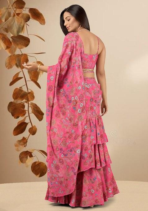 Pink Chinon Floral Printed Pre Draped Saree Set