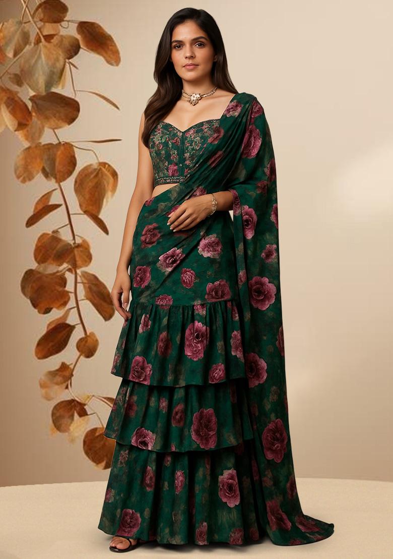 Bottle Green Chinon Floral Printed Pre Draped Saree Set