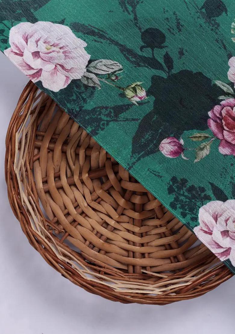 Bottle Green Chinon Floral Printed Pre Draped Saree Set - Indya