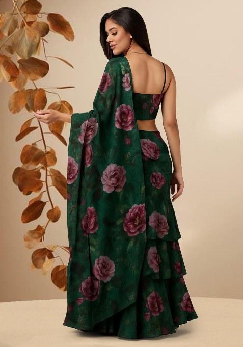 Bottle Green Chinon Floral Printed Pre Draped Saree Set