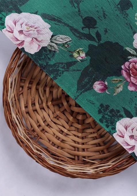 Bottle Green Chinon Floral Printed Pre Draped Saree Set