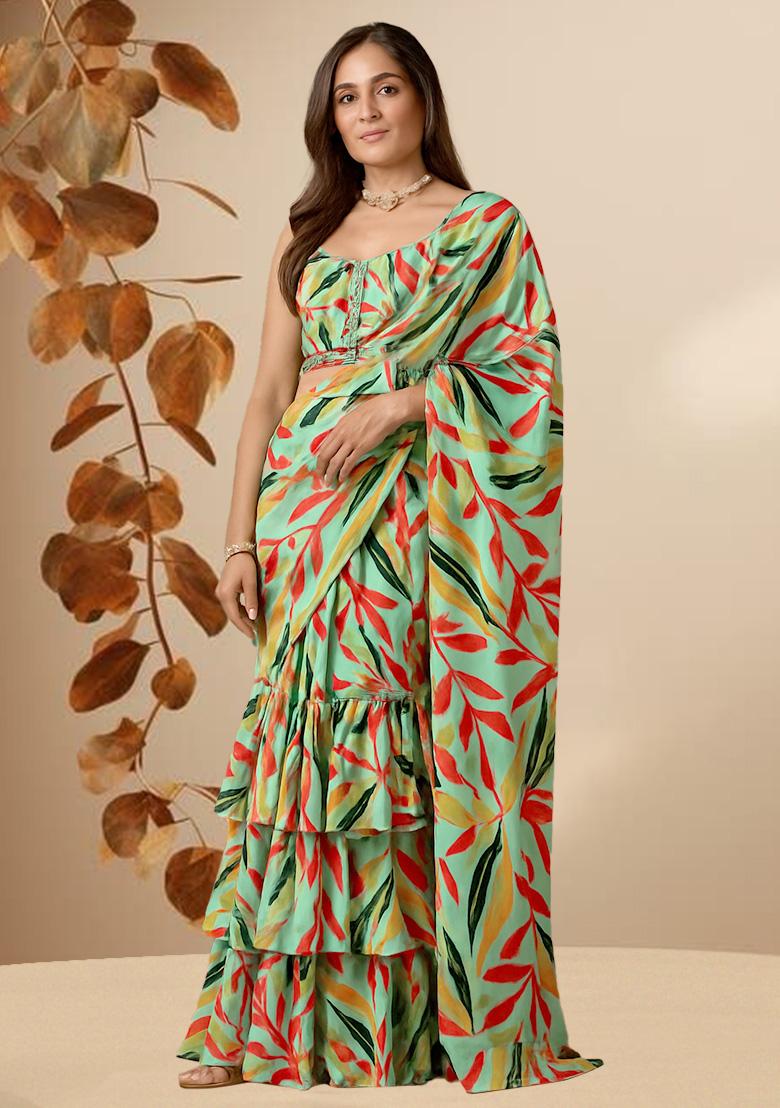 Sea Green Chinon Leaf Printed Pre Draped Saree Set