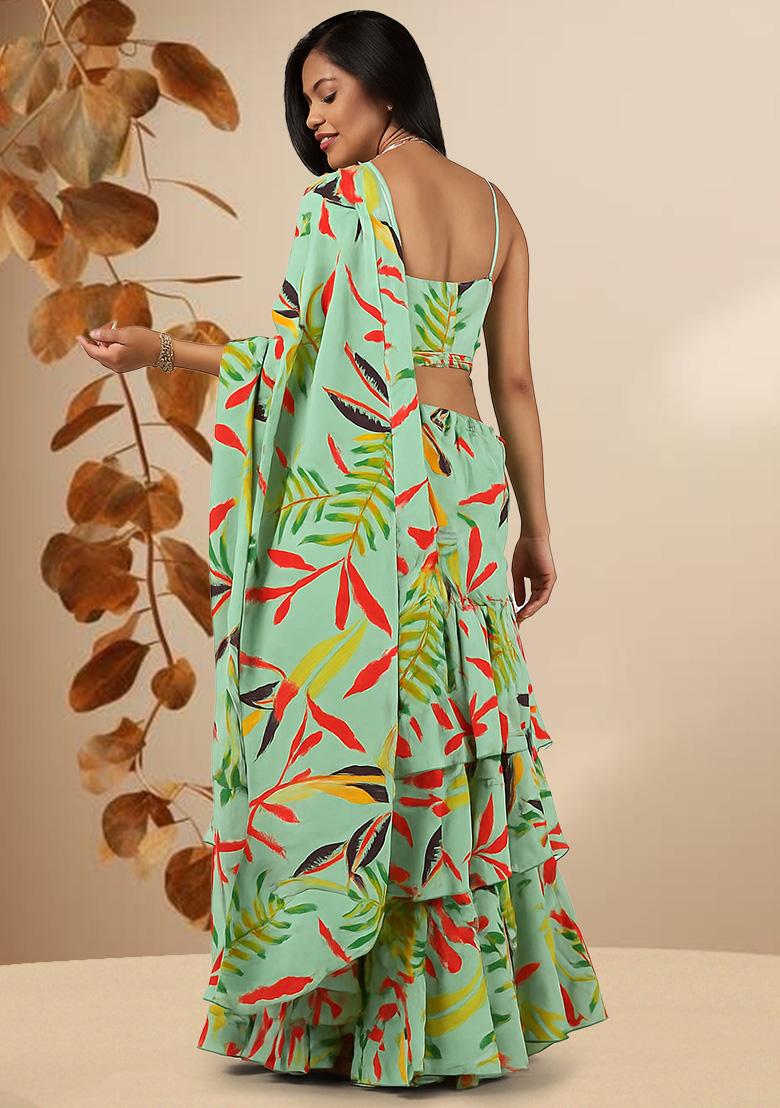 Sea Green Chinon Leaf Printed Pre Draped Saree Set - Indya