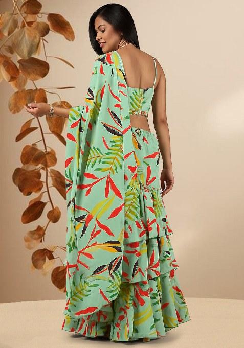 Sea Green Chinon Leaf Printed Pre Draped Saree Set