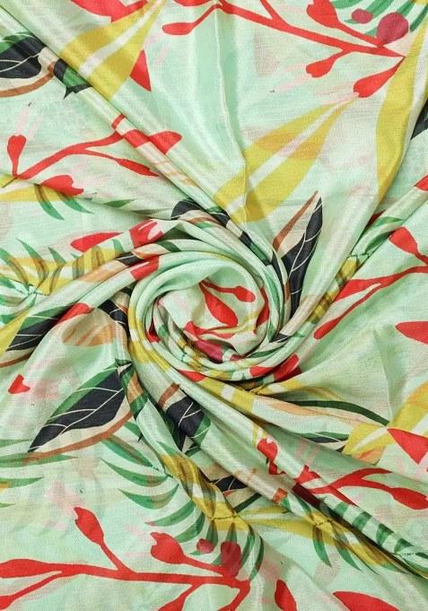 Sea Green Chinon Leaf Printed Pre Draped Saree Set