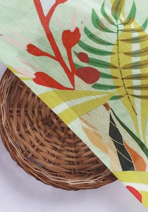 Sea Green Chinon Leaf Printed Pre Draped Saree Set