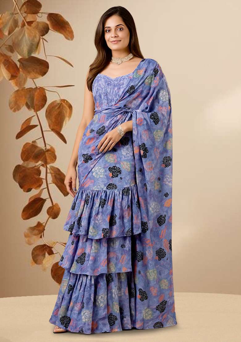 Lavender Chinon Leaf Printed Pre Draped Saree Set - Indya