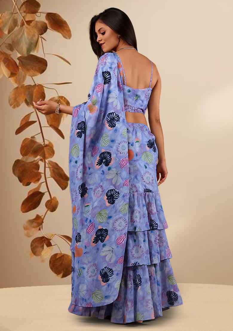 Lavender Chinon Leaf Printed Pre Draped Saree Set - Indya