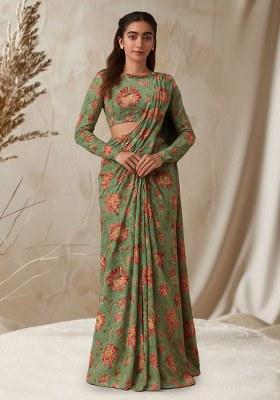 Sage Green Floral Printed Chanderi Pre Draped Saree Set