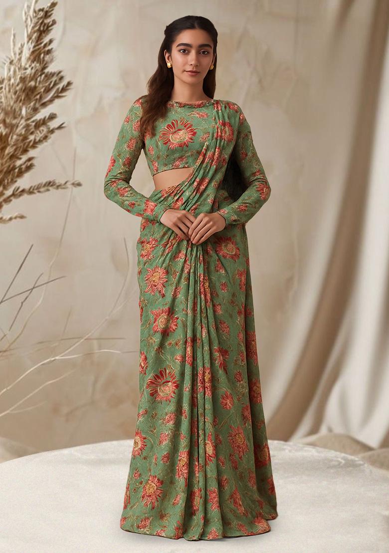 Sage Green Floral Printed Chanderi Pre Draped Saree Set