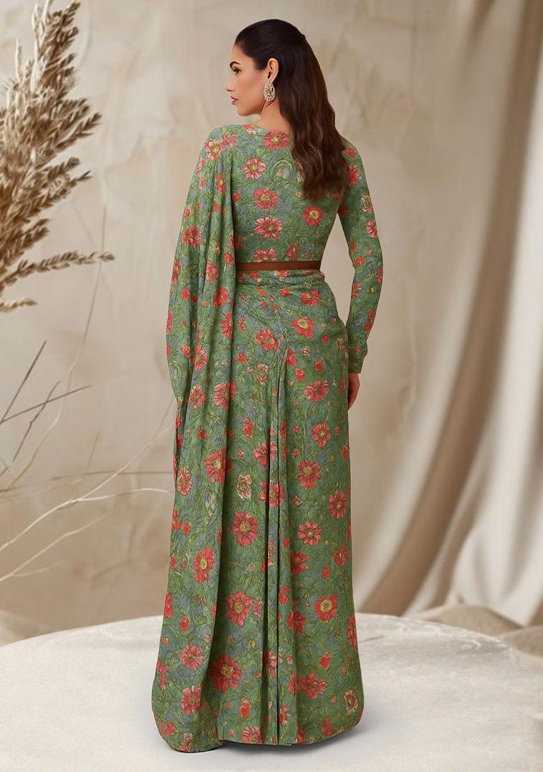 Sage Green Floral Printed Chanderi Pre Draped Saree Set - Indya