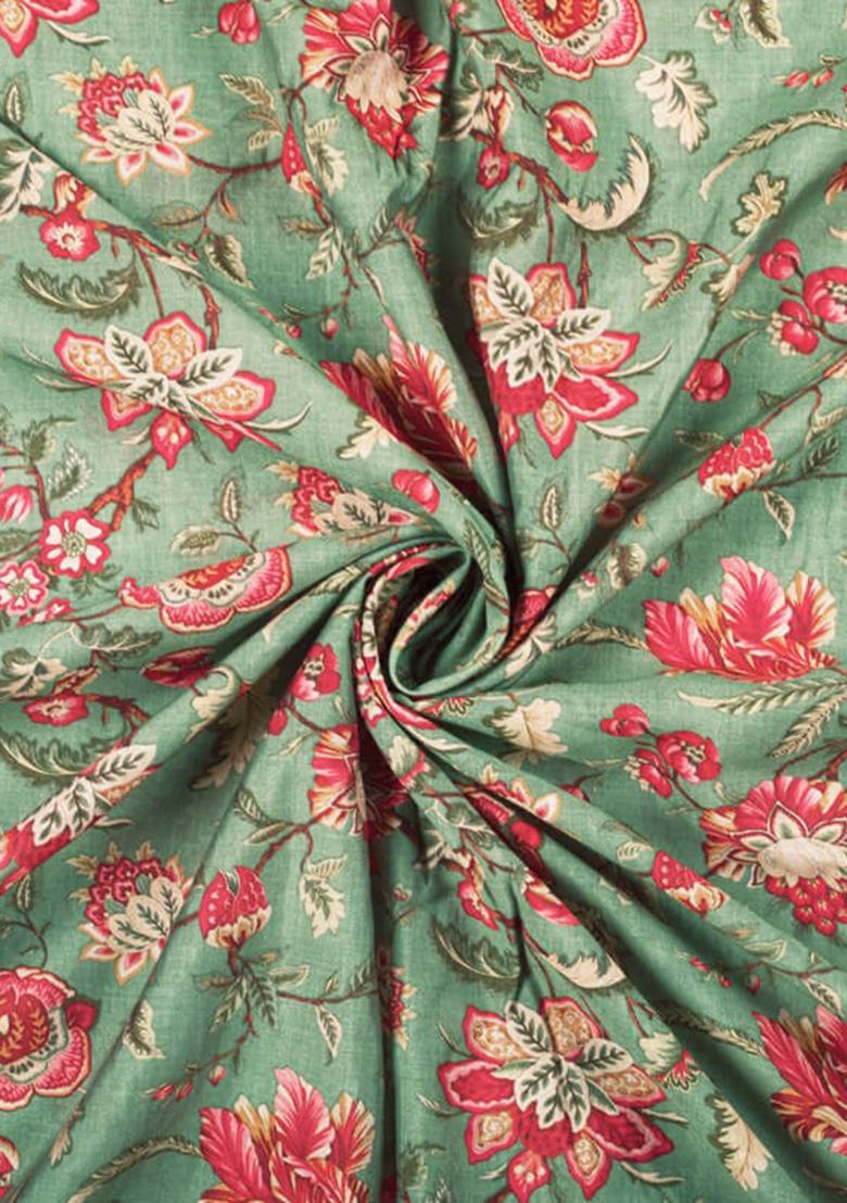 Sage Green Floral Printed Chanderi Pre Draped Saree Set