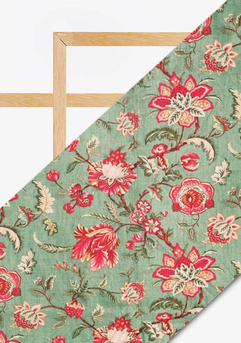 Sage Green Floral Printed Chanderi Pre Draped Saree Set - Indya