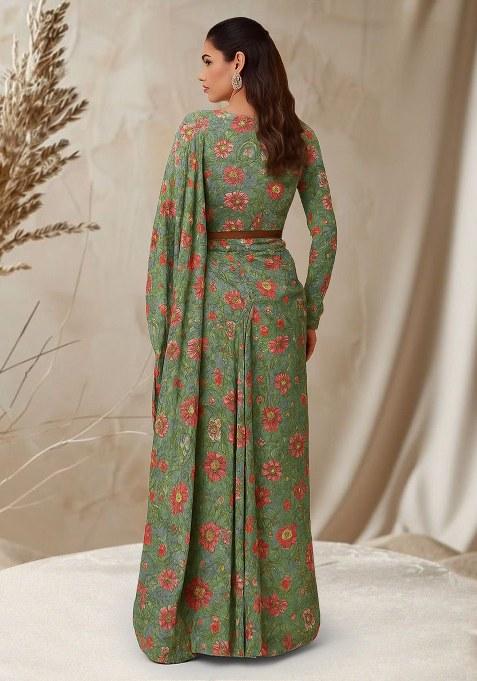 Sage Green Floral Printed Chanderi Pre Draped Saree Set