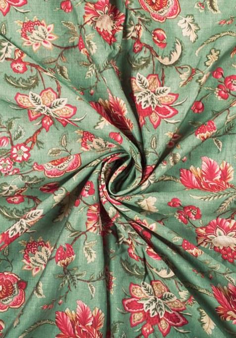 Sage Green Floral Printed Chanderi Pre Draped Saree Set