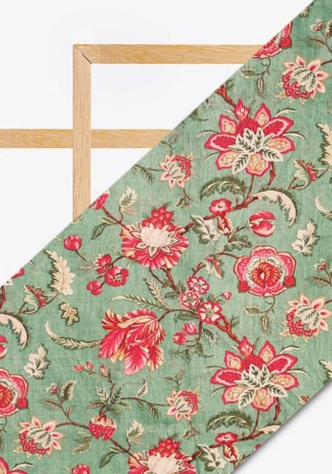 Sage Green Floral Printed Chanderi Pre Draped Saree Set