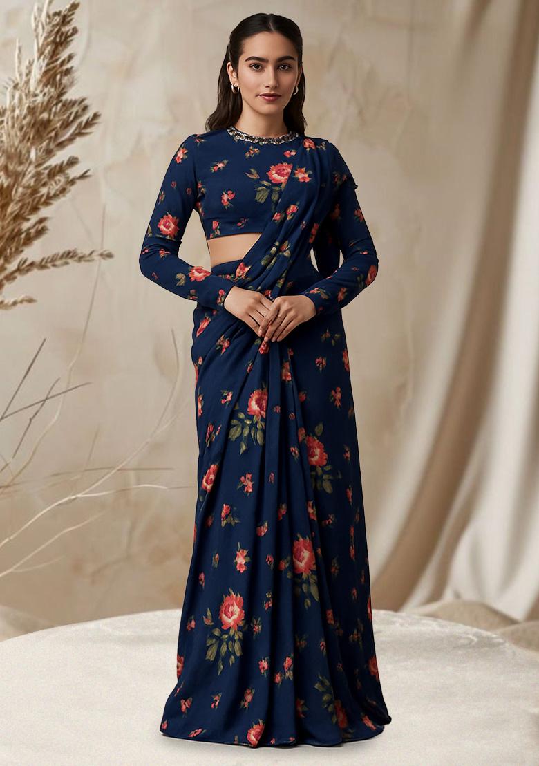 Navy Blue Floral Printed Chanderi Pre Draped Saree Set
