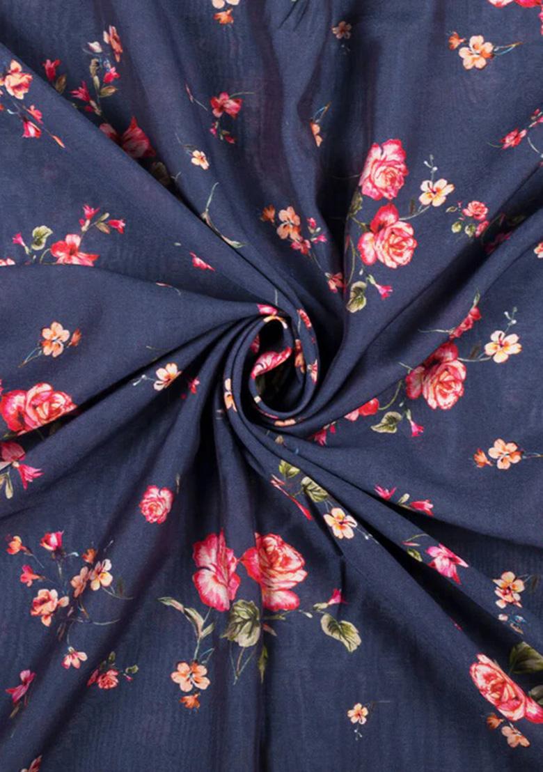 Navy Blue Floral Printed Chanderi Pre Draped Saree Set