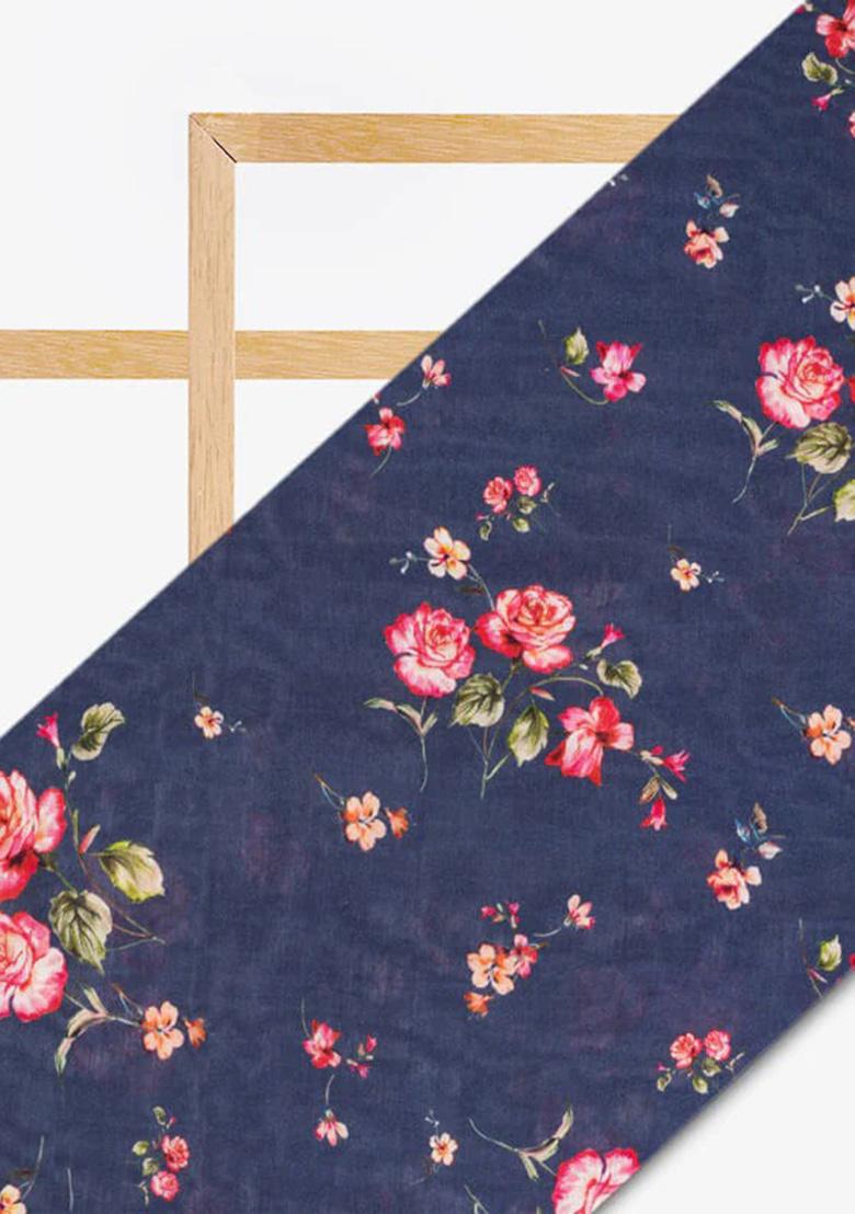 Navy Blue Floral Printed Chanderi Pre Draped Saree Set - Indya