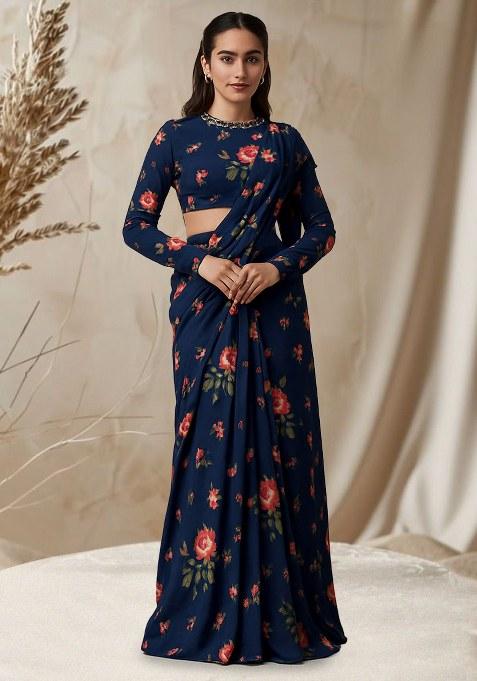Navy Blue Floral Printed Chanderi Pre Draped Saree Set