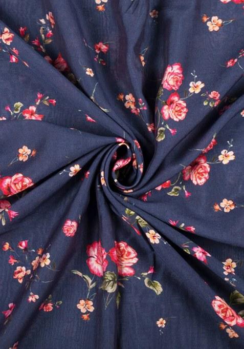 Navy Blue Floral Printed Chanderi Pre Draped Saree Set