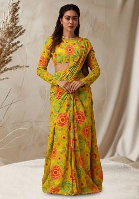 Yellow Abstract Printed Chinon Pre Draped Saree Set