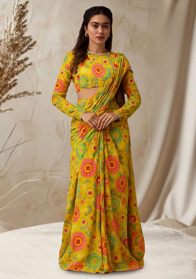 Yellow Abstract Printed Chinon Pre Draped Saree Set