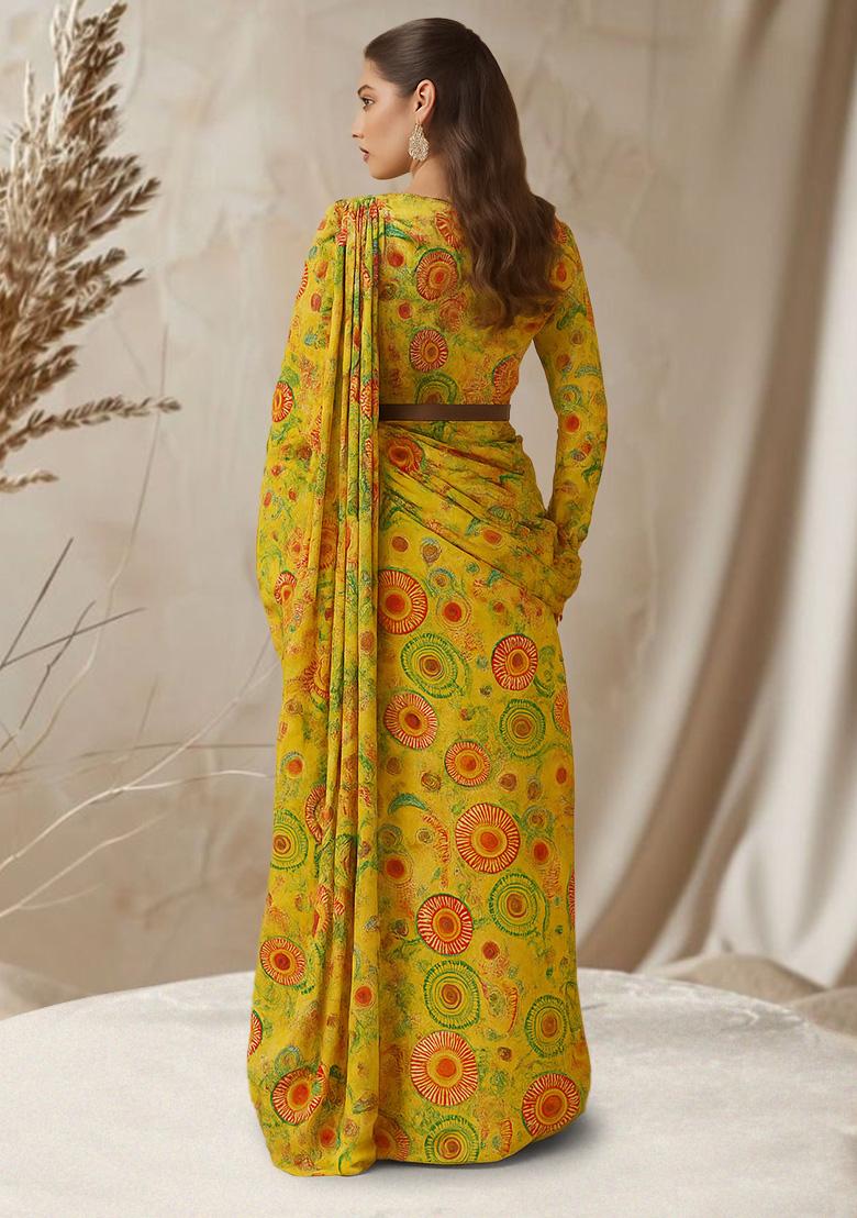 Yellow Abstract Printed Chinon Pre Draped Saree Set - Indya