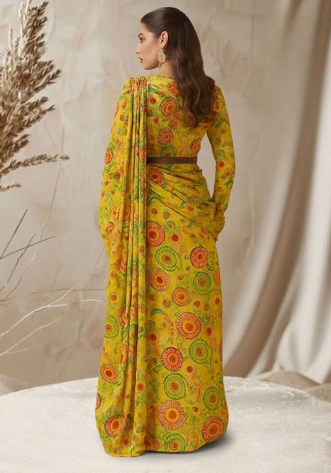 Yellow Abstract Printed Chinon Pre Draped Saree Set