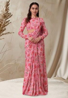 Pink Floral Printed Chinon Pre Draped Saree Set
