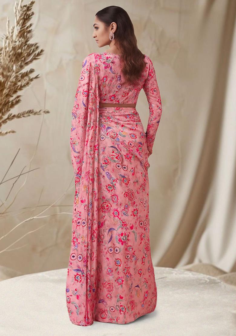 Pink Floral Printed Chinon Pre Draped Saree Set - Indya