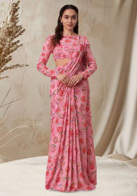 Pink Floral Printed Chinon Pre Draped Saree Set