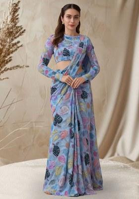 Lavender Leaf Printed Chinon Pre Draped Saree Set