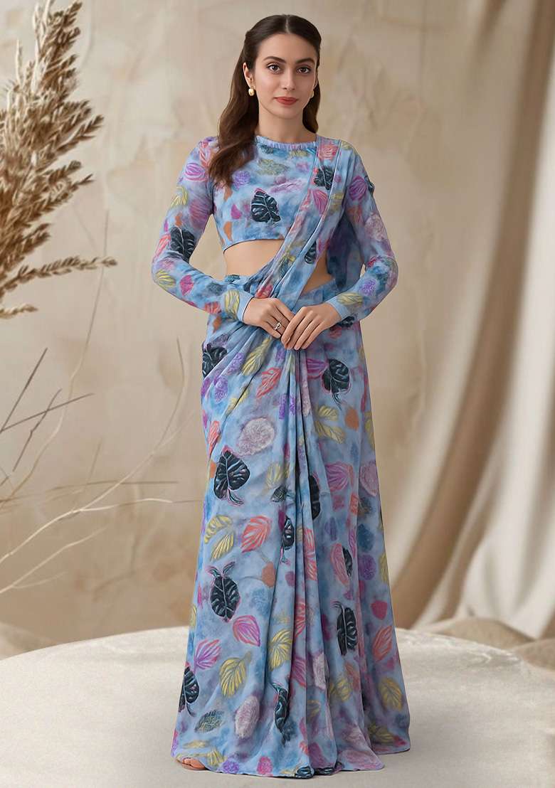 Lavender Leaf Printed Chinon Pre Draped Saree Set - Indya